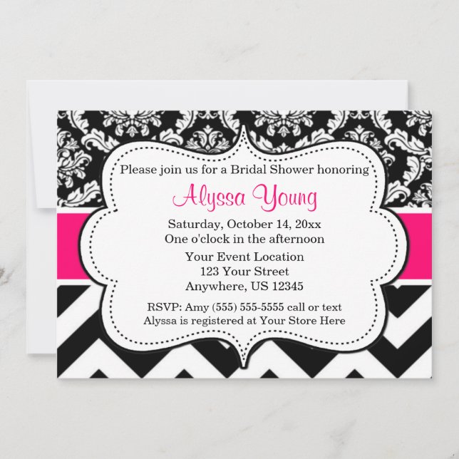 Invitation Chevron Damask noire rose (Devant)