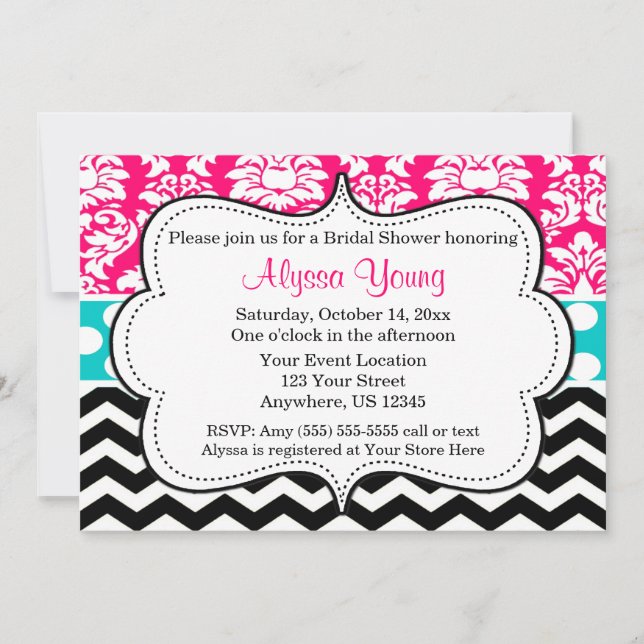 Invitation Chevron Damask Pink Black Blue (Devant)