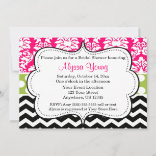 Invitation Chevron Damask Pink Black Green