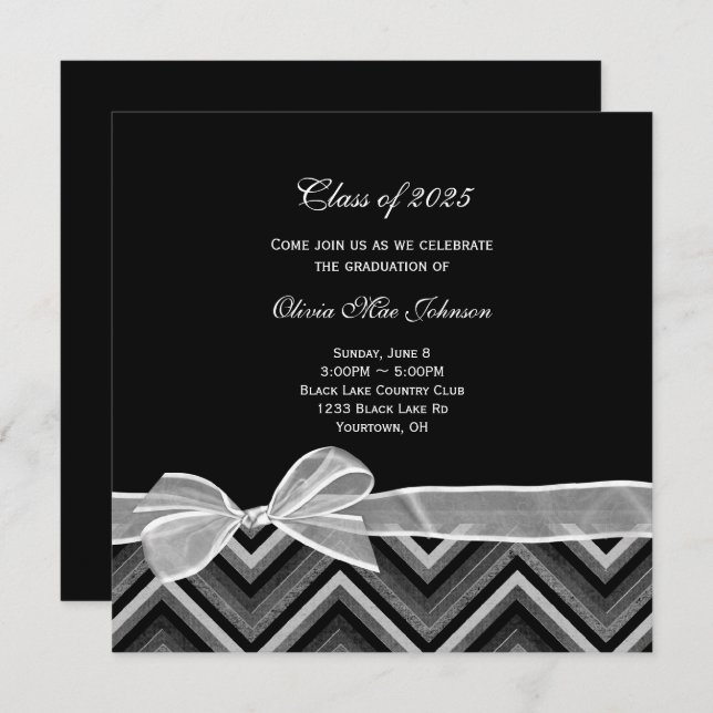 Invitation chevron design Graduation argent et noir (Devant / Derrière)