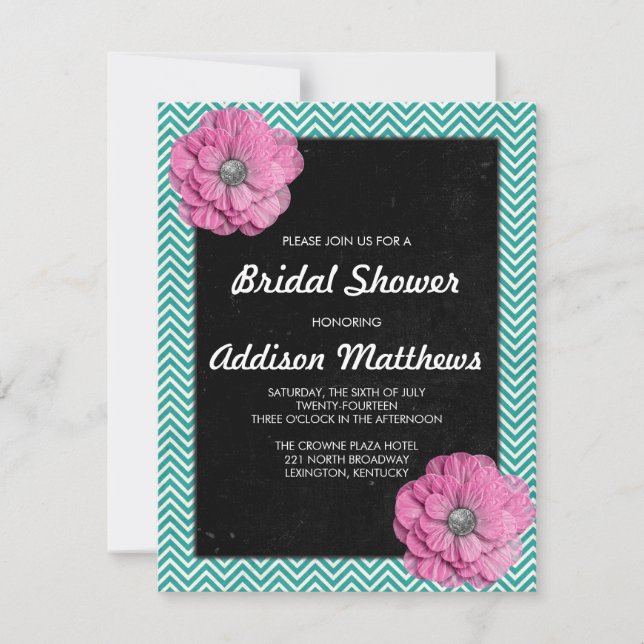Invitation Chevron et floral rose (Devant)