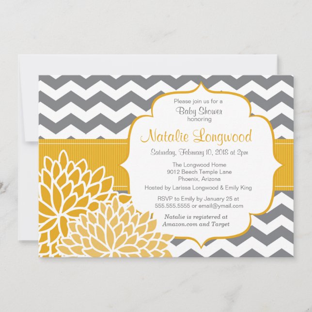 Invitation Chevron Floral moderne bébé ou jaune d'une douche  (Devant)