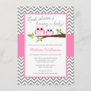 Invitation Chevron Girl Baby shower rose Owl Grey