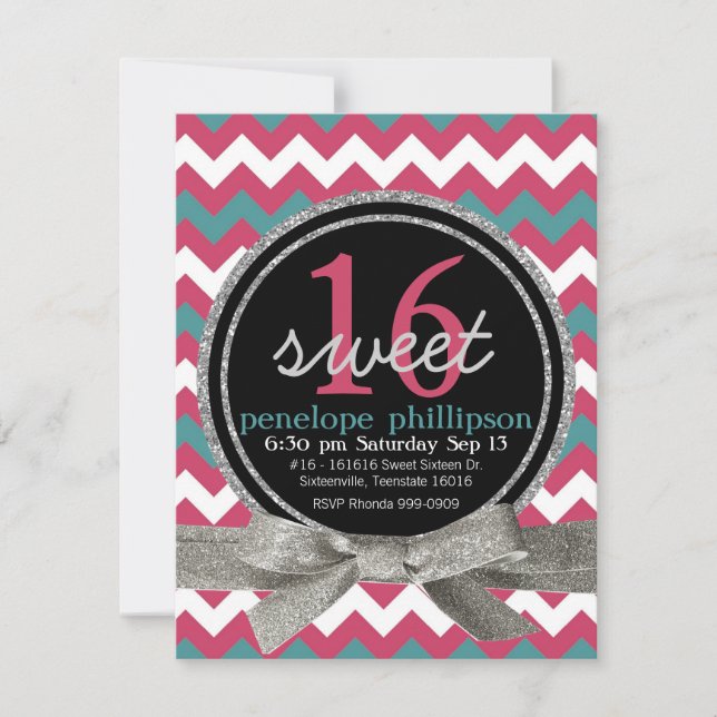 Invitation Chevron Girly Sweet Turquoise rose moderne 16 (Devant)