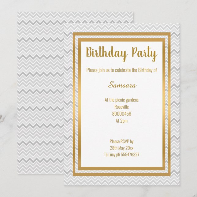 INVITATION CHEVRON GREY LAYER OR TOUTE OCCASION ANNIVERSAIRE (Devant / Derrière)