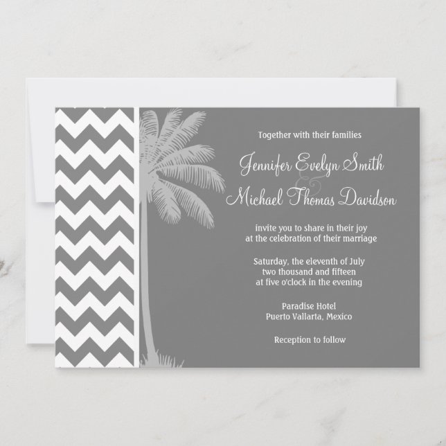 Invitation Chevron gris foncé; Palme tropicale (Devant)