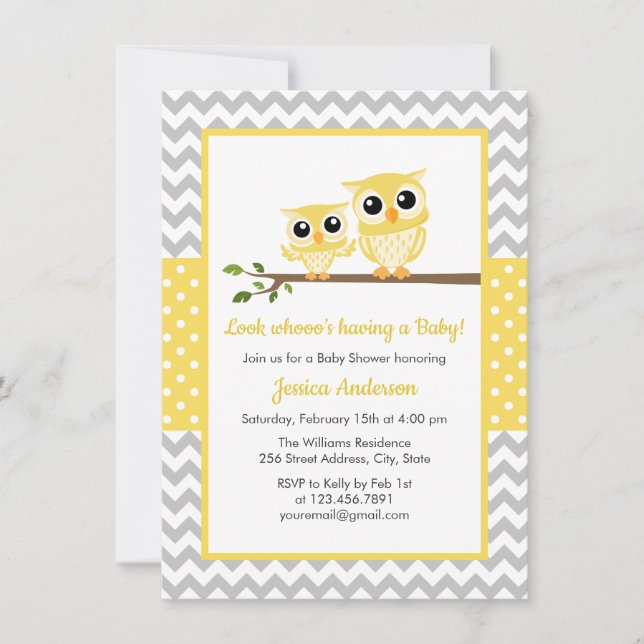 Invitation Chevron gris jaune Baby shower de chouette neutre (Devant)