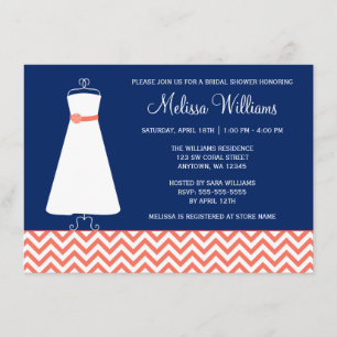 Invitation Chevron moderne Gown Coral Navy Bleu Fête des mari