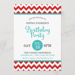 Invitation Chevron moderne rouge et turquoise fête d'annivers
