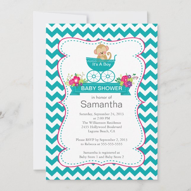 Invitation Chevron Monkey Dans Le Baby shower Carriage Boys (Devant)