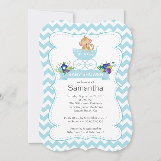 Invitation Chevron Monkey Dans Le Baby shower Carriage Boys (Devant)