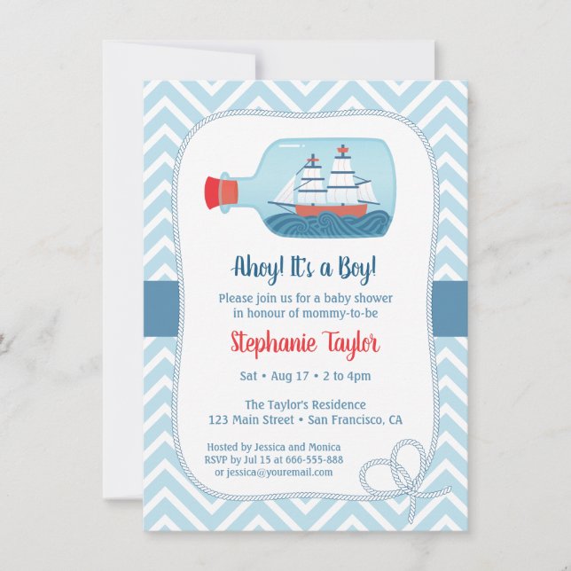 Invitation Chevron Nautical Ship in Bottle Baby shower (Devant)