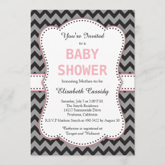 Invitation Chevron noir et gris, Baby shower rose