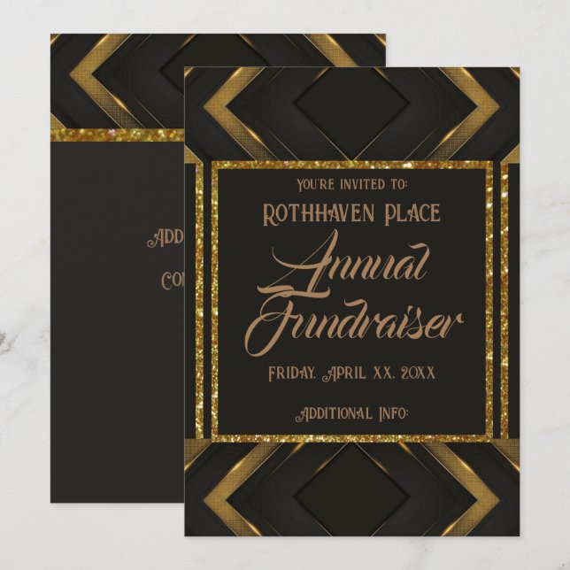 Invitation Chevron Noir Et Or (Devant / Derrière)