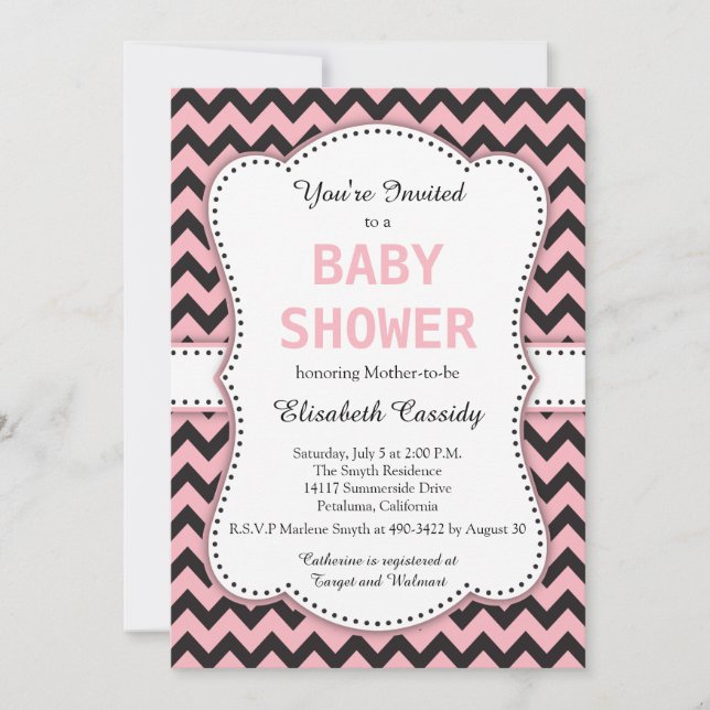 Invitation Chevron noir et rose, Baby shower (Devant)