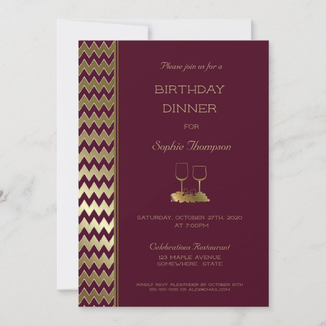 Invitation Chevron Or Bourgogne rayé Anniversaire Dîner (Devant)