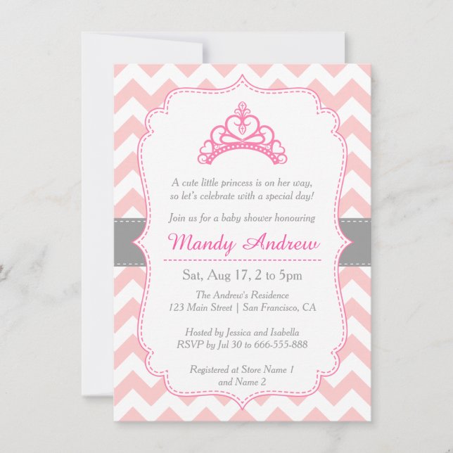 Invitation Chevron rose, Couronne de princesse, Baby shower f (Devant)
