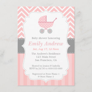 Invitation Chevron rose et blanc, poussette, baby-foot