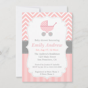 Invitation Chevron rose et blanc, poussette, baby-foot
