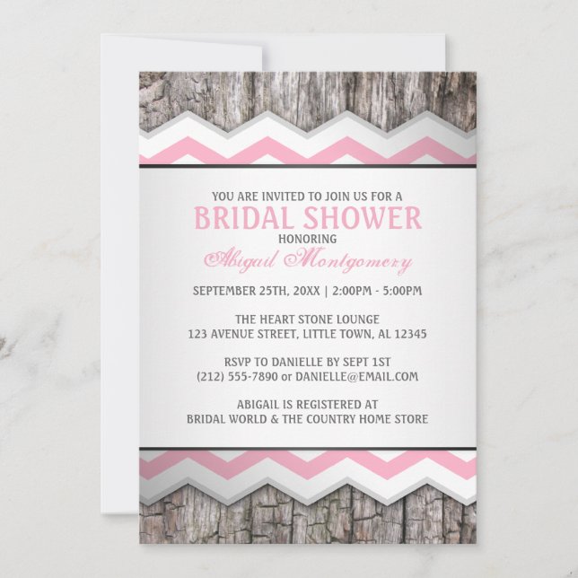 Invitation Chevron rose et Fête des mariées rustique bois (Devant)