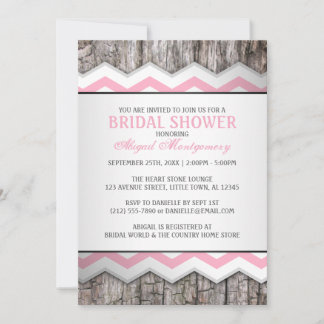 Invitation Chevron rose et Fête des mariées rustique bois