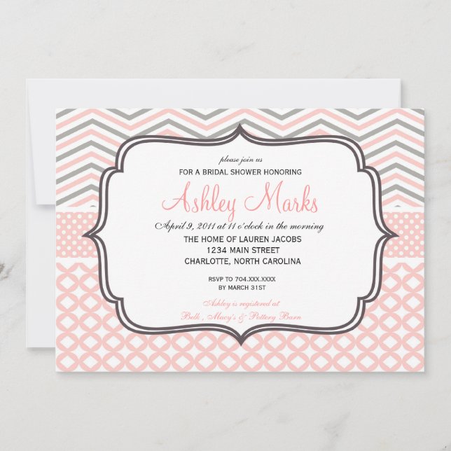 Invitation Chevron rose et gris (Devant)