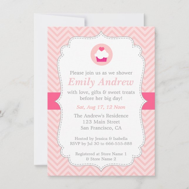 Invitation Chevron Rose, Joli Gâteau, Baby Shower (Devant)