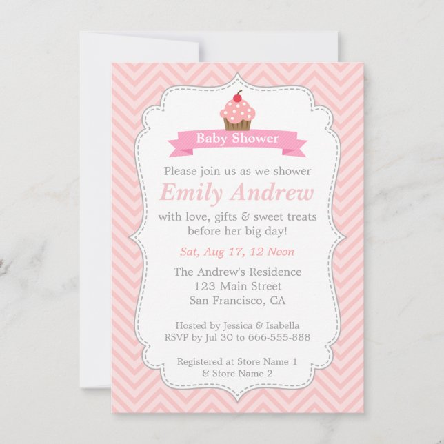 Invitation Chevron Rose, Joli Gâteau, Baby Shower (Devant)