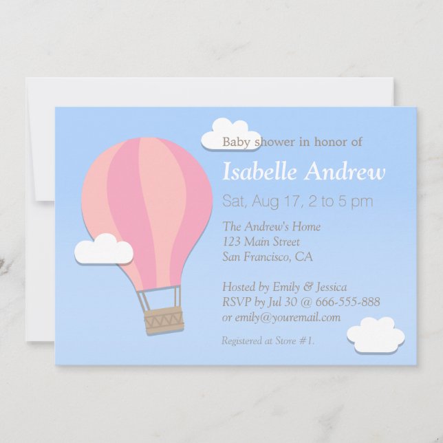 Invitation Chevron Rose, Montgolfière, Fête de Naissance Bébé (Devant)