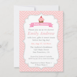 Invitation Chevron rose, petit gâteau doux, baby shower