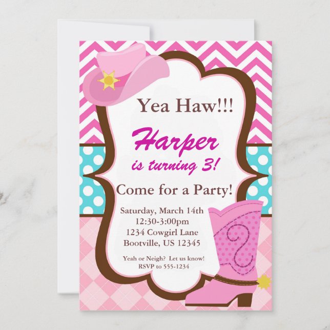Invitation Chevron rose, points bleus, anniversaire de botte (Devant)