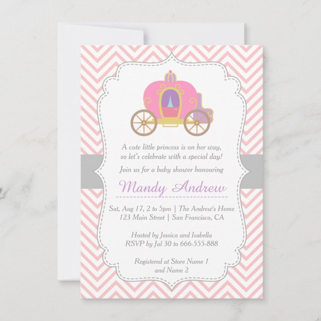Invitation Chevron rose, princesse Carriage, baby shower de (Devant)