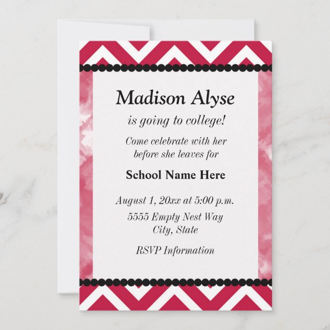 Invitation Chevron rouge et noir Off To College Party Invitat (Devant)