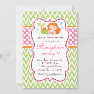 Invitation Chevron vert citron et points roses Mermaid Annive