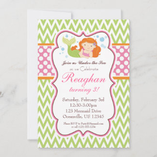 Invitation Chevron vert citron et points roses Mermaid Annive