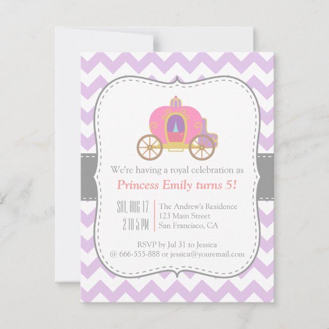 Invitation Chevron Violet, Anniversaire Carrosse Princesse (Devant)