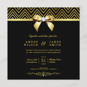 Invitation Chevrons d'or noir classique Mariage de bow diaman