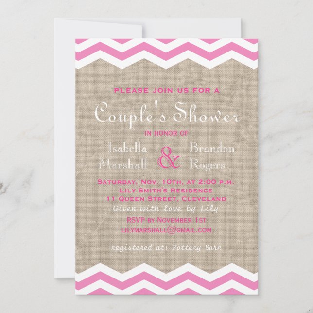 Invitation Chevrons roses sur Burlap Couple's Shower Invitati (Devant)