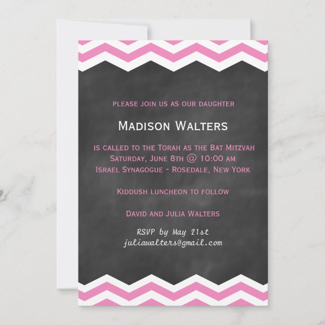 Invitation Chevrons roses sur Chalkboard Bat Mitzva Invitatio (Devant)
