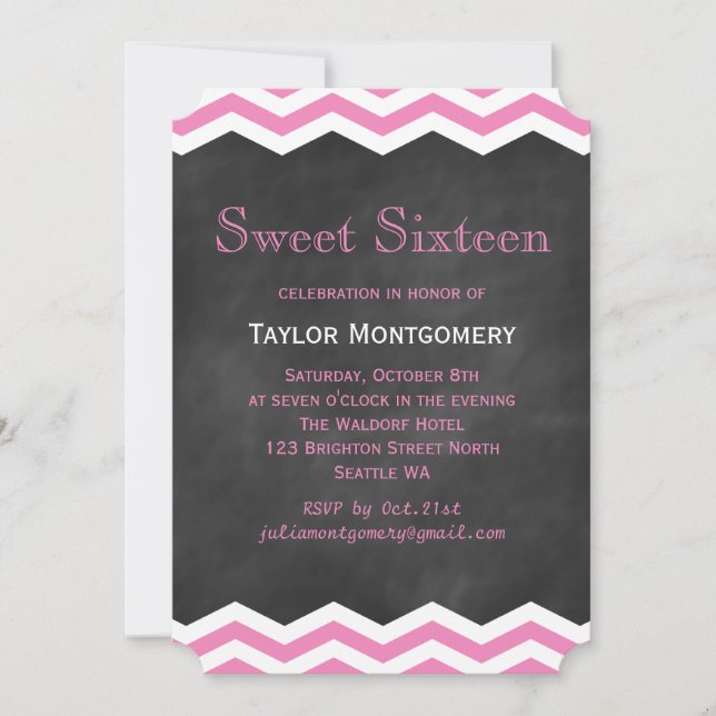 Invitation Chevrons roses sur Chalkboard Sweet sixteen Invita (Devant)