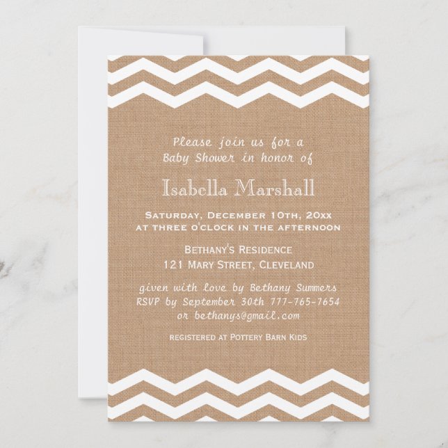 Invitation Chevrons sur l'invitation au Baby shower Burlap (Devant)