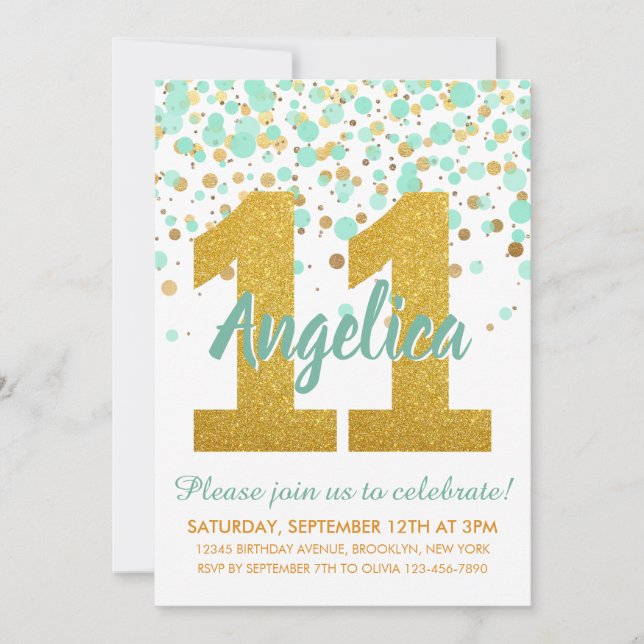 Invitation Chic 11ème anniversaire Monnaie Parties scintillan (Devant)