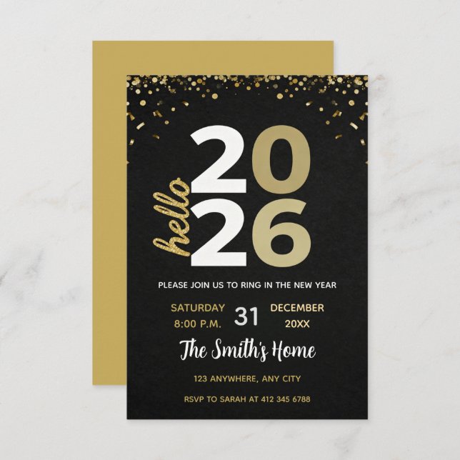 Invitation Chic 2026 New Year' Eve Party Gold Glitter Black  (Devant / Derrière)