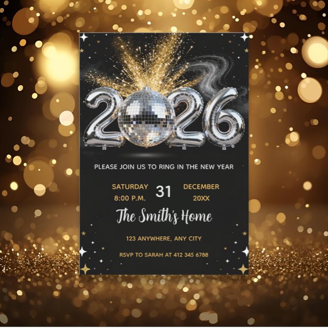Invitation Chic 2026 New Year' Eve Party Gold Glitter Black  (Créateur téléchargé)