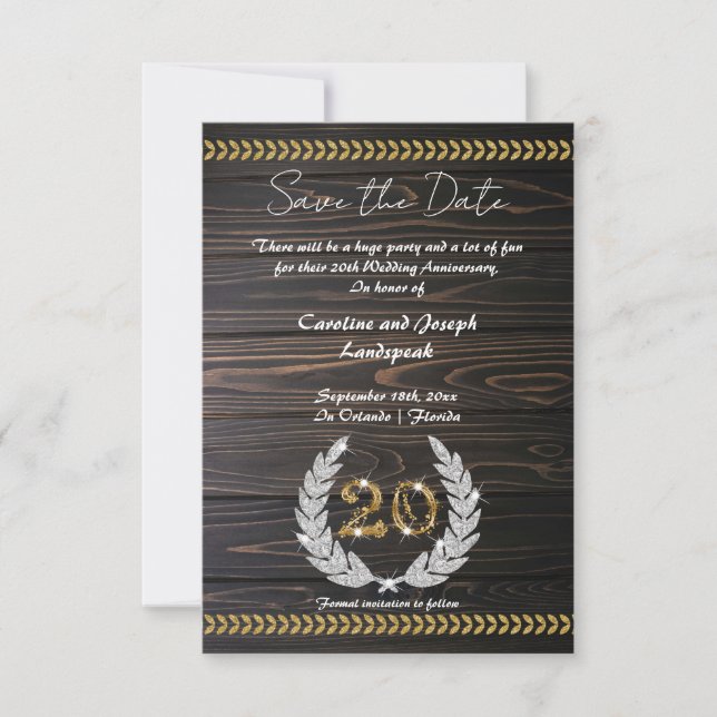 Invitation Chic 20e anniversaire Bois & Or Enregistrer la dat (Devant)