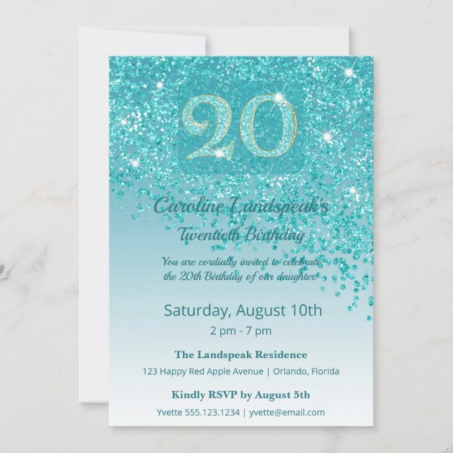 Invitation Chic 20th Birthday Teal Blue Glitter (Devant)