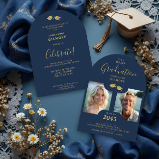 Invitation Chic 2-Photo Twins Graduation Fake Golden Blue