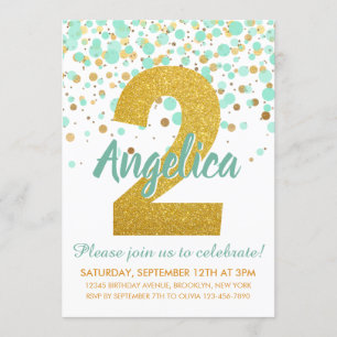 Invitation Chic 2ème anniversaire Monnaie verte Parties scint