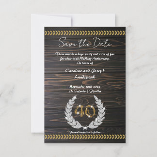 Invitation Chic 40e anniversaire Bois & Or Enregistrer la dat