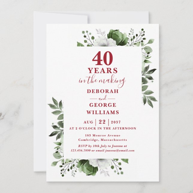 Invitation Chic 40e anniversaire Mariage Monogramme Floral (Devant)